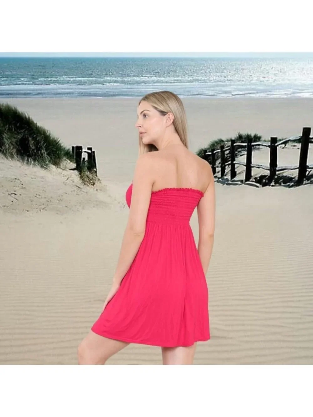 Women's Cerise Sun Strapless Tube Short Beach Summer Dresses Casual Mini Dress